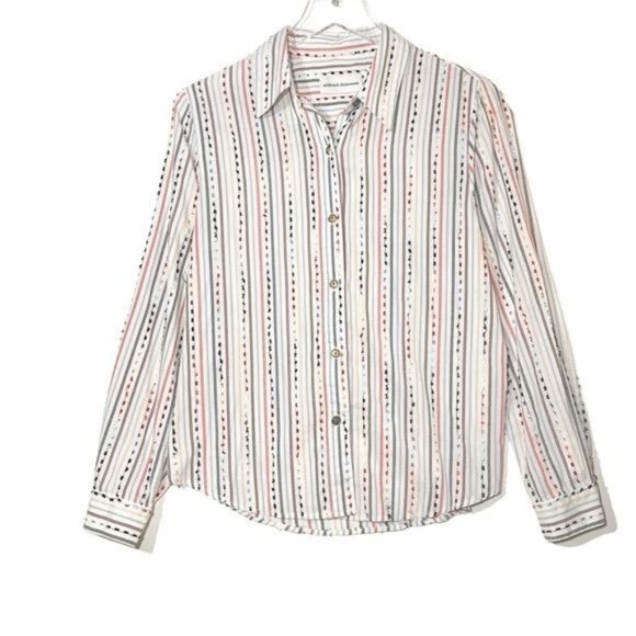 Alfred Dunner Tops - Alfred Dunner  Button Down Mini Tassel Ribbon Stripe Shirt Long Sleeve Blouse 8